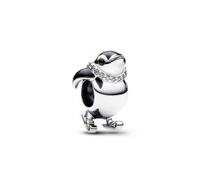 Skiing penguin sterling silver charm with clear cubic zircon