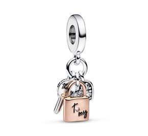 Padlock, key and heart sterling silver and 14k rose gold-pla Padlock, key and heart sterling silver and 14k rose gold-pla