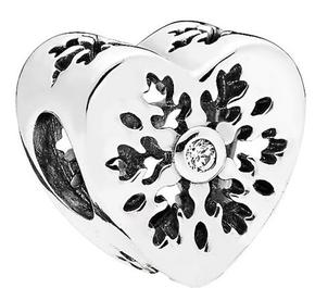 Snowflake heart silver charm with clear cubic zirconia