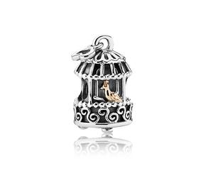 Birdcage silver charm with 14k bird
