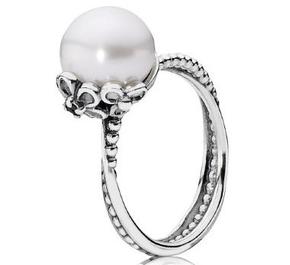 Silver ring, white freshwater cultured pearl, cubic zirconia